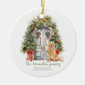Voordeur met gouden retriever kerst keramisch ornament (Voorkant)