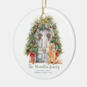 Voordeur met gouden retriever kerst keramisch ornament (Links)