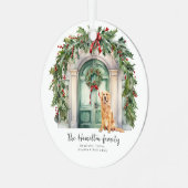 Voordeur met gouden retriever kerst metalen ornament (Voorkant links)