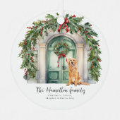 Voordeur met gouden retriever kerst metalen ornament (Voorkant)