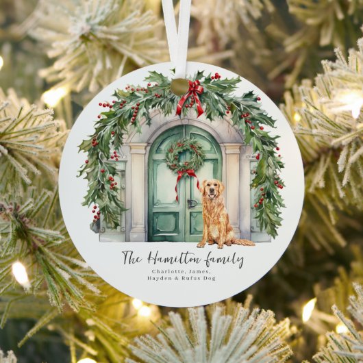 Voordeur met gouden retriever kerst metalen ornament (Insitu)