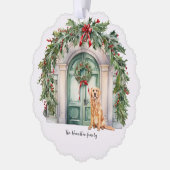 Voordeur met gouden retriever kerst ornament kaart (Links)