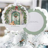 Voordeur met gouden retriever kerst ornament kaart