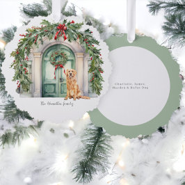 Voordeur met gouden retriever kerst ornament kaart