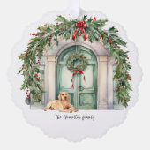 Voordeur met gouden retriever kerst ornament kaart (Voorkant)