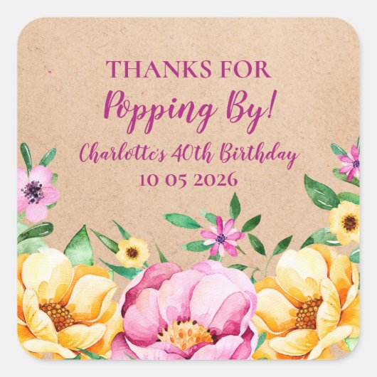 Voorjaar Bedankt voor Popping By Birthday Label (Voorkant)