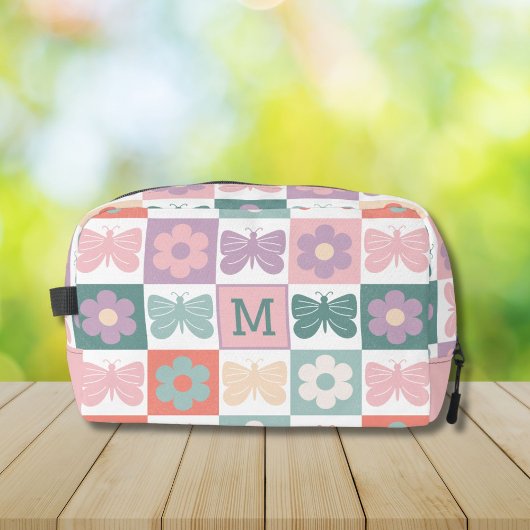 Voorjaar geruite bloem vlinder custom monogram toilettasje