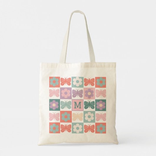 Voorjaar geruite bloem vlinder custom monogram tote bag (Achterkant)