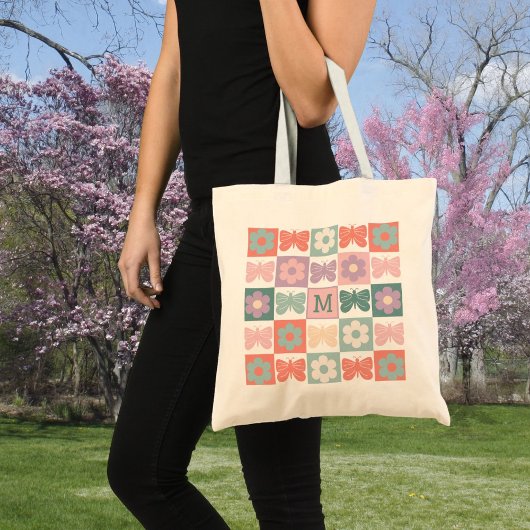 Voorjaar geruite bloem vlinder custom monogram tote bag