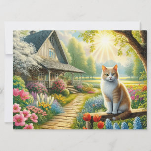 Voorjaar huisje/tuin & kat feestdagenkaart