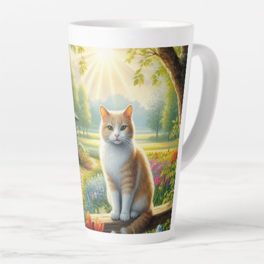 Voorjaar huisje/tuin & kat latte mok (Rechterhoek)