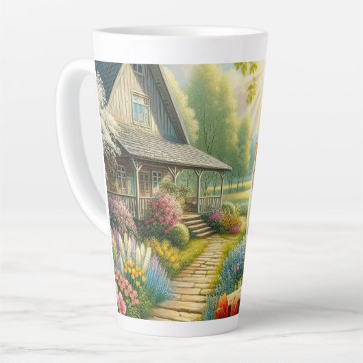 Voorjaar huisje/tuin & kat latte mok (Linkerhoek)