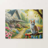 Voorjaar huisje/tuin & kat legpuzzel (Horizontaal)