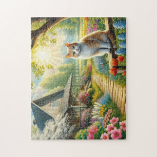 Voorjaar huisje/tuin & kat legpuzzel