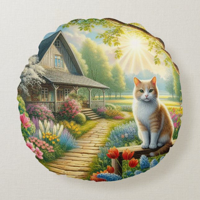 Voorjaar huisje/tuin & kat rond kussen (Voorkant)