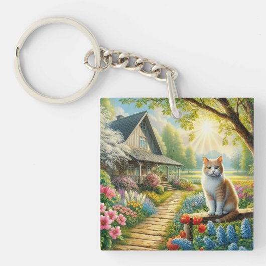 Voorjaar huisje/tuin & kat sleutelhanger (voorkant)