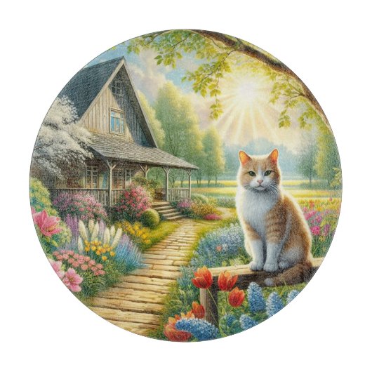 Voorjaar huisje/tuin & kat snijplank (Voorkant)
