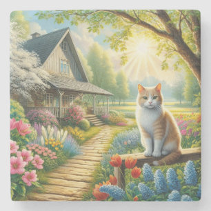 Voorjaar huisje/tuin & kat stenen onderzetter