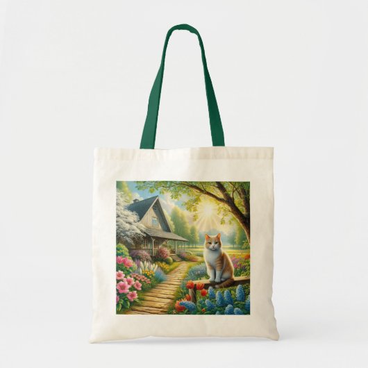 Voorjaar huisje/tuin & kat tote bag (Voorkant)