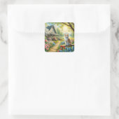 Voorjaar huisje/tuin & kat vierkante sticker (Tas)