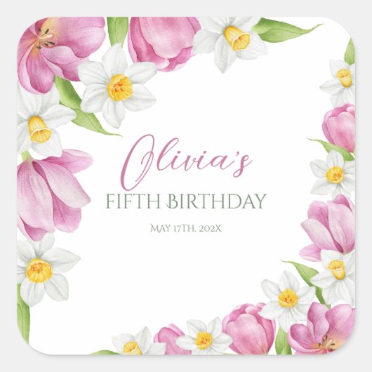 Voorjaar Kleurrijke Bloem Kids Verjaardag Vierkante Sticker (Voorkant)