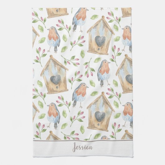 Voorjaar waterverf vogelstand theedoek (Verticaal)