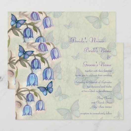 Voorjaar Wildflowers en Blue Butterflies Wedding Kaart (Voorkant / Achterkant)