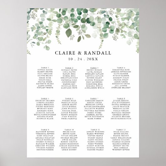 Voorjaars Eucalyptus Greenery Wedding Seding Chart Poster (Voorkant)