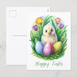Voorjaars waterverf met schattige kippen en geverf feestdagenkaart