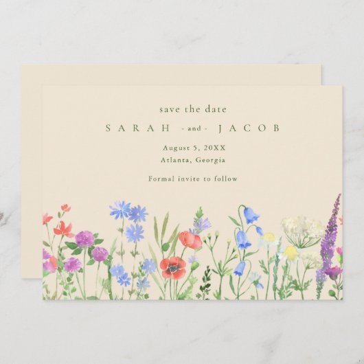 Voorjaars Wildflower Boho Wedding Save the Date (Voorkant / Achterkant)