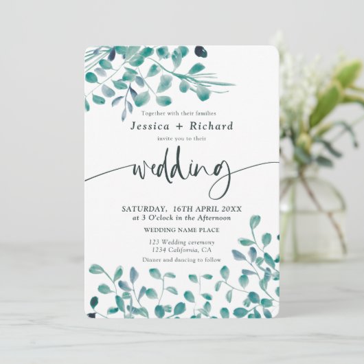 Voorjaarsavond groene eucalyptusbloembruiloft kaart (Staand voorkant)