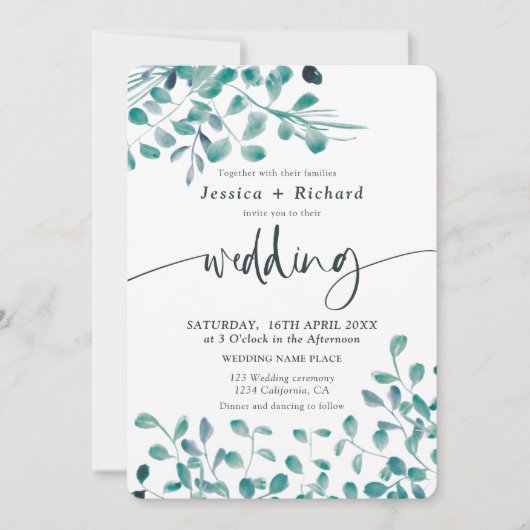 Voorjaarsavond groene eucalyptusbloembruiloft kaart (Voorkant)