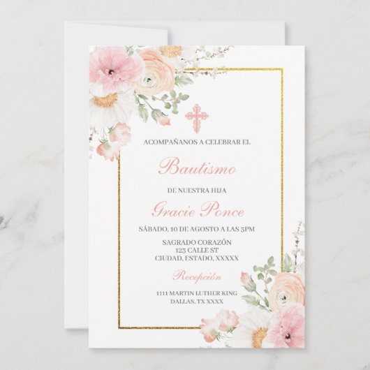 Voorjaarsbloem Doop Spaanse uitnodiging (Voorkant)