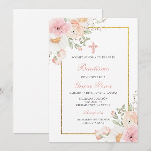 Voorjaarsbloem Doop Spaanse uitnodiging (Voorkant / Achterkant)