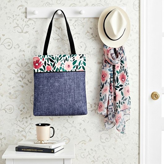 Voorjaarsbloem en denim tote bag