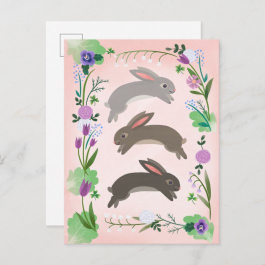 Voorjaarsbloemen en springende konijnen | briefkaart (Voorkant / Achterkant)