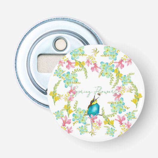 Voorjaarsbloemen waterverf button flesopener (Voorkant)