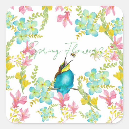 Voorjaarsbloemen waterverf vierkante sticker (Voorkant)
