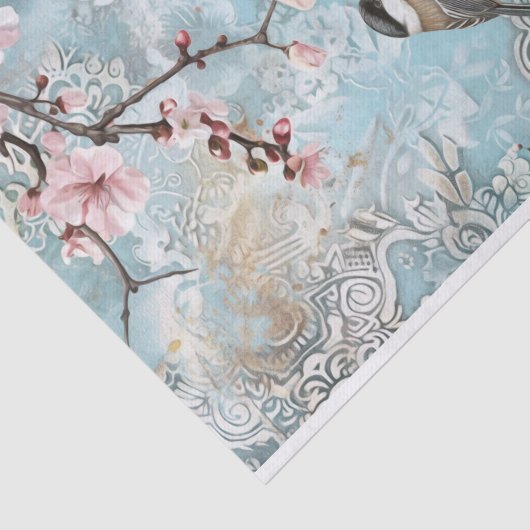 Voorjaarsbloesems met 2 kleine vogeltjes tissuepapier (Detail)