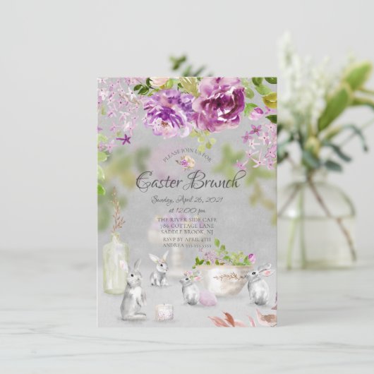 Voorjaarspioenen Bunny Bloemen Pasen Brunch Kaart (Staand voorkant)