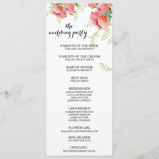 Voorjaarsprogramma van Peony Wedding Programmakaart (Achterkant)