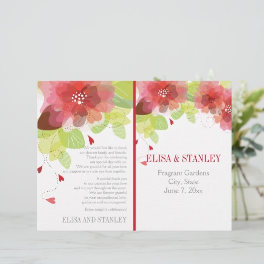 Voorjaarsrood, roze bloemen bloemig trouwprogramma (Staand voorkant)