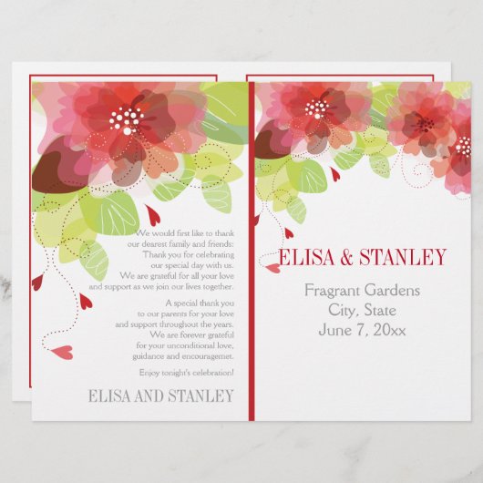 Voorjaarsrood, roze bloemen bloemig trouwprogramma (Voorkant / Achterkant)