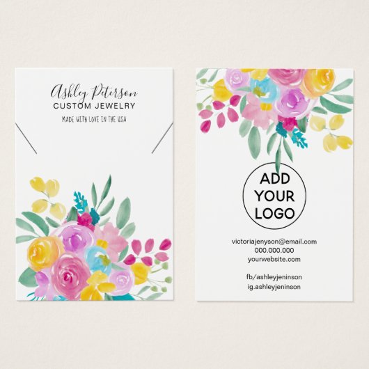 Voorjaarssieraden, waterverf, ketting visitekaartje (Voorkant /achterkant)