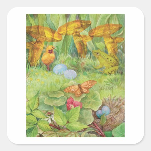 Voorjaarstuin met Chick en Froggie Vierkante Sticker (Voorkant)