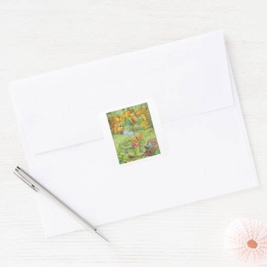 Voorjaarstuin met Chick en Froggie Vierkante Sticker (Envelop)