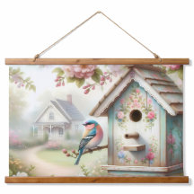 Voorjaarsvogelhuisje met pastelbloemen en vogel