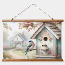 Voorjaarsvogelhuisje met pastelbloemen en vogel hangend wandkleed
