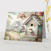 Voorjaarsvogelhuisje met pastelbloemen en vogel kaart (Gele Bloem)