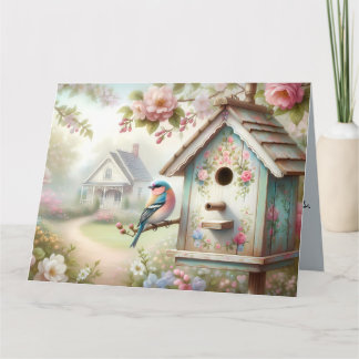 Voorjaarsvogelhuisje met pastelbloemen en vogel kaart